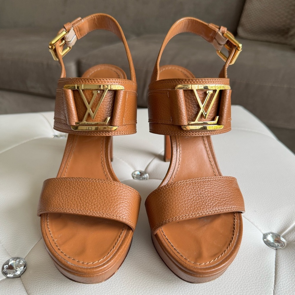 Louis Vuitton Horizon Leather Platform Sandal Heels Brown Cognac Size 38 Size 8 - Picture 4 of 17